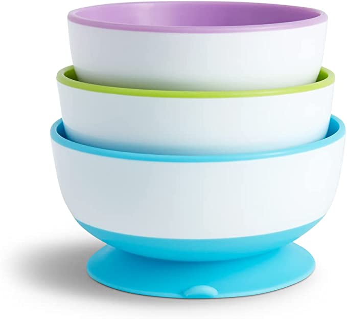Munchkin Stay Put Suction Bowls for Baby. Pack of 3 Stackable Baby Weaning Bowls. Perfect for Baby Led Weaning. Dishwasher and Microwave Safe