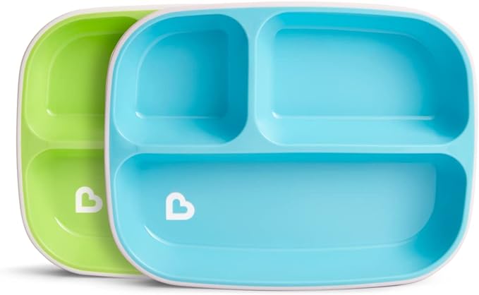Munchkin Splash 4 Piece Toddler Divided Plate and Bowl Dining Set, Baby Feeding Set with 2 Baby Plates & 2 Baby Bowls, Baby Weaning Set with Dishes, Baby Plate Set for 6+ Months, BPA Free - Blue/Green
