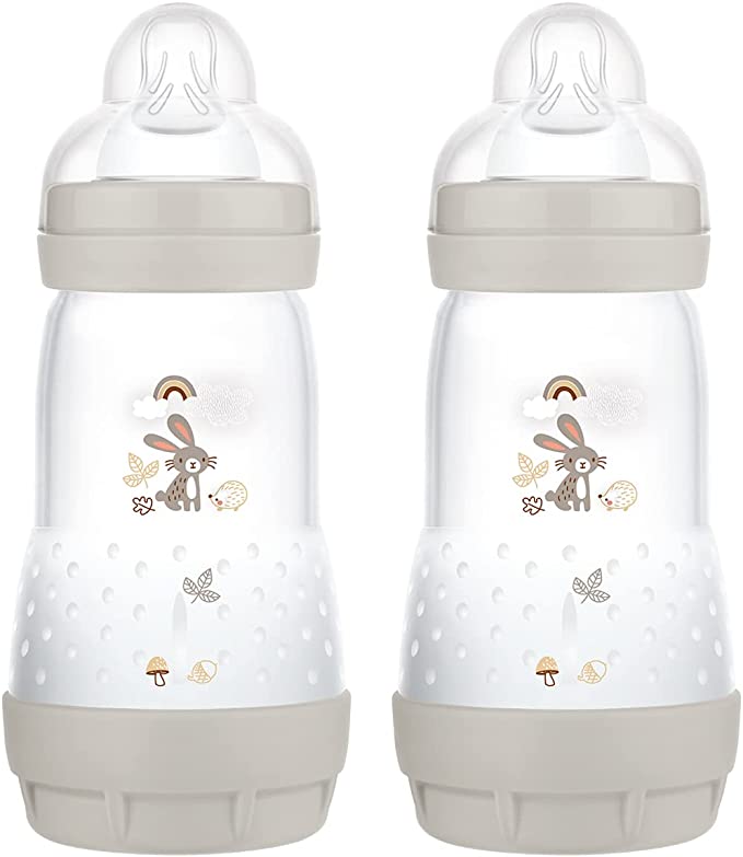MAM Easy Start Self Sterilising Anti-Colic Baby Bottle Pack of 2 (2 x 260 ml), MAM Bottles with Medium Flow MAM Teats Size 2, Newborn Essentials, Grey (Designs May Vary)