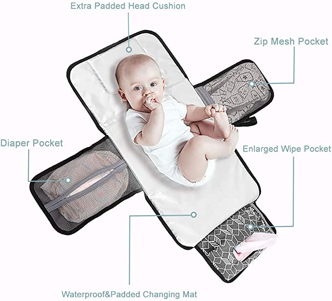 Lekebaby Portable Nappy Changing Mat Travel Baby Change Mat with Wipe-Pocket and Head Cushion, Grey