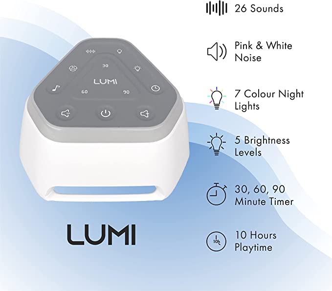 LUMI | White Noise Machine | 26 Soothing Sounds & 7 Colour Baby Night Light | White Noise Baby | Pink Noise | Baby Sleep Aid | White Noise Machines for Adults & Children