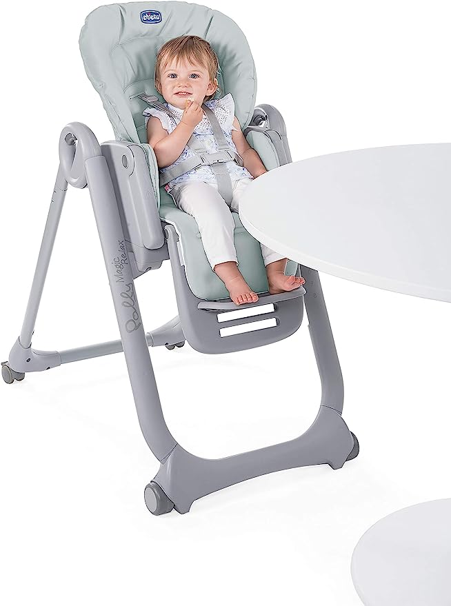 Chicco Polly Magic Relax Baby High Chair, Blue | Birth to 3 Years (15 kg), Adjustable Highchair, 4 Wheels, Fully Reclining, Compact Closure, Play Bar and Reducer Cushion