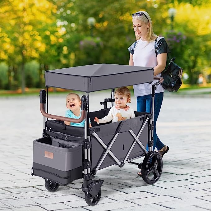 COSTWAY Push Pull Stroller Wagon for 2 Kids, Collapsible Trolley with Adjustable Handle Bar, 5-Point Harness, Removable Canopy and Drapes, Outdoor Camping Cargo Cart