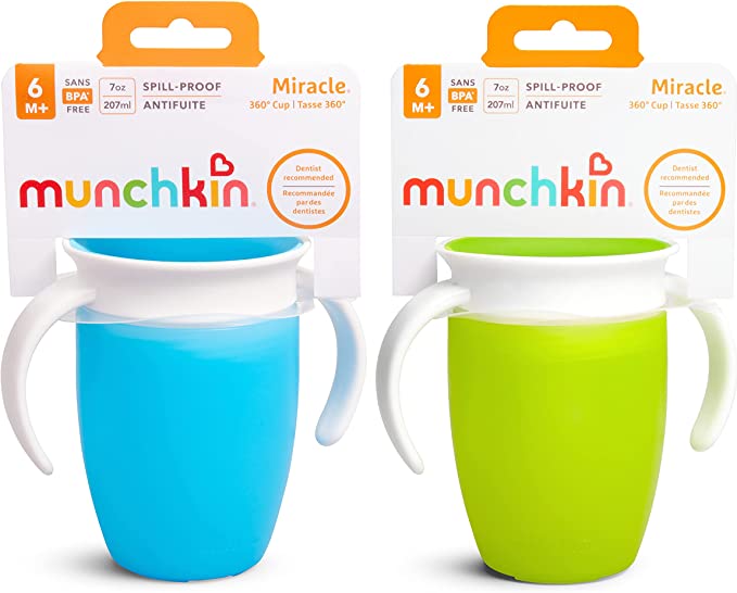 Munchkin Miracle 360 Cup, Baby and Sippy Cup, Ideal Sippy, Water and Weaning Cup 6+ to 12 Months, 7 oz/207 ml, 2 Pack, Green & Blue.