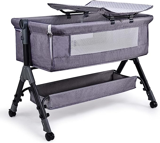 Bellababy Bedside Bassinet, Bedside Sleeper, Bedside Crib with Changing Table, Easy Folding Portable Crib, Adjustable Portable Bed for Infant/Newborn (Dark Grey)