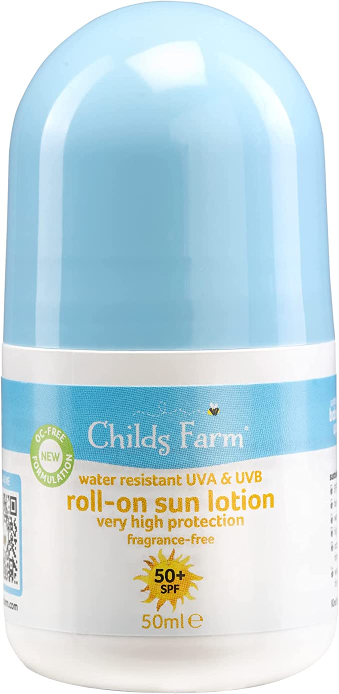 Childs Farm Kids and Baby Sun Lotion Roll-On SPF 50plus Water Resistant UVA and UVB Very High Protection Suitable for Dry, Sensitive and Eczema-prone Skin 50ml, white, 1, 85.65 grams