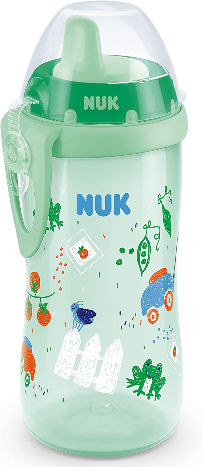 NUK First Choice+ Kiddy Cup Toddler Cup | 12 Months+ | Leak-Proof Toughened Spout | Clip & Protective Cap | BPA-Free | 300 ml | Green Garden, Pack of 1