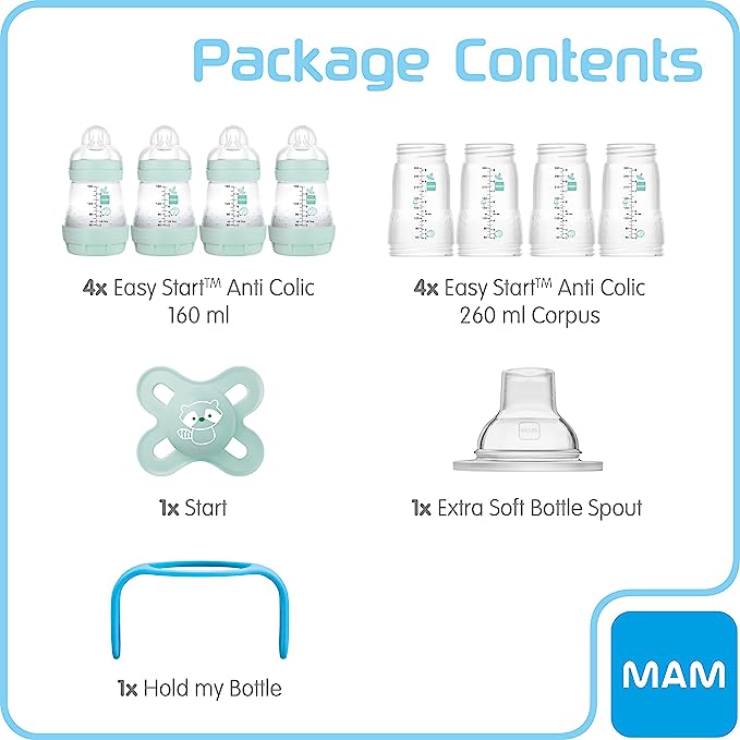 MAM Easy Start Self Sterilising Anti Colic Starter Set, Newborn Bottle Set and Soother, Newborn Essentials, Blue (Designs May Vary)