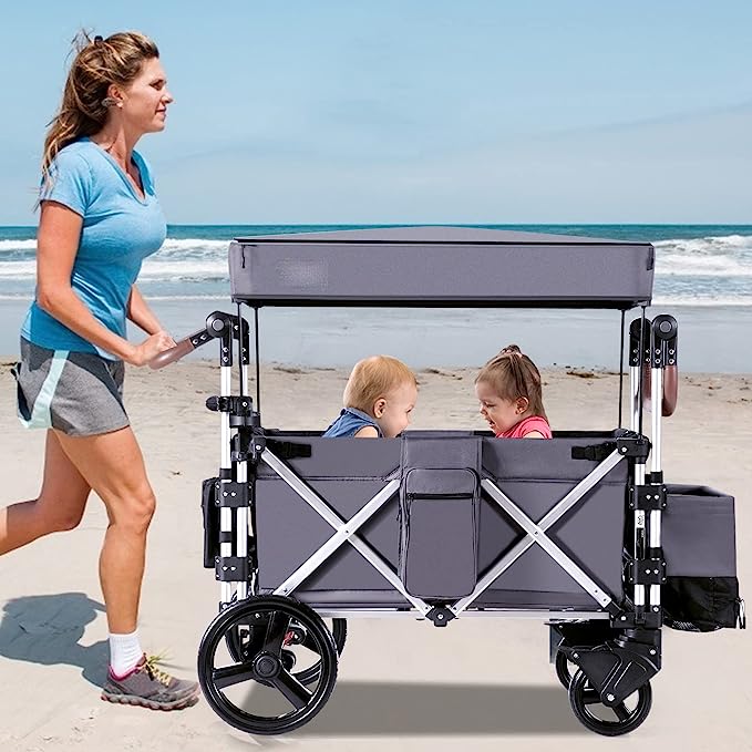 COSTWAY Push Pull Stroller Wagon for 2 Kids, Collapsible Trolley with Adjustable Handle Bar, 5-Point Harness, Removable Canopy and Drapes, Outdoor Camping Cargo Cart