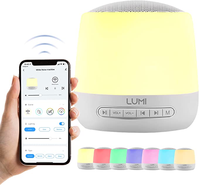 LUMI | App White Noise Machine | White Noise Machine Baby | 34 Sounds | Baby Night Light with 7 Colours | Smartphone App Controlled | Portable Sleep Sound Machine | Sleep Aid for Adults