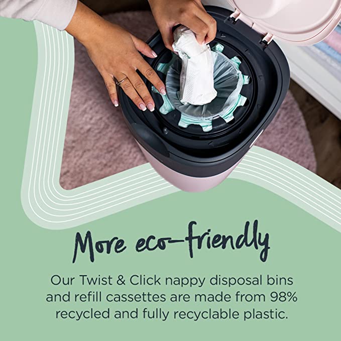 Tommee Tippee Twist and Click Advanced Nappy Bin, Eco-Friendlier System, Includes 1x Refill Cassette with Sustainably Sourced Antibacterial GREENFILM, White