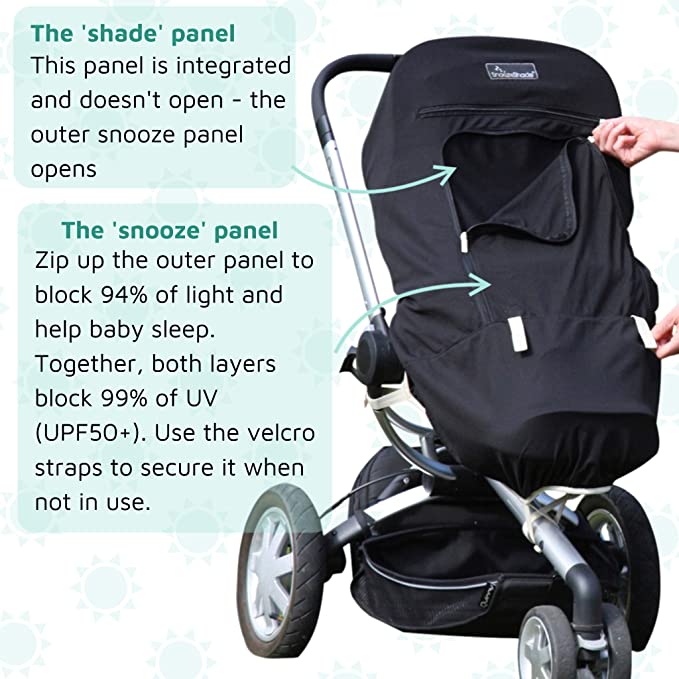 SnoozeShade Plus (6m+) Universal fit Baby Sun Shade and Sleep aid for pushchairs and Strollers | Blocks up to 99% of UV