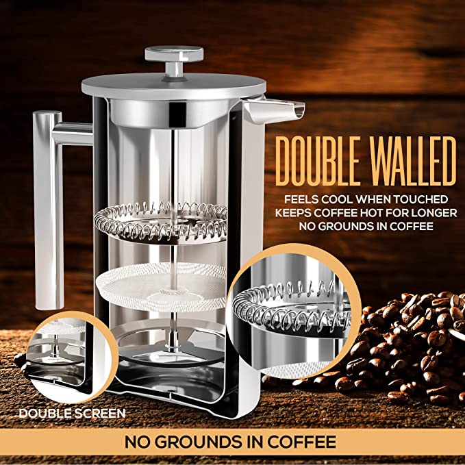 KICHLY Cafetiere 8 Cup Stainless Steel French Press Coffee Maker, Coffee Press with 3 Level Filtration System - Double Walled Insulated Caffettiere with 1 Extra Filter - 1000ml / 34Oz - Silver