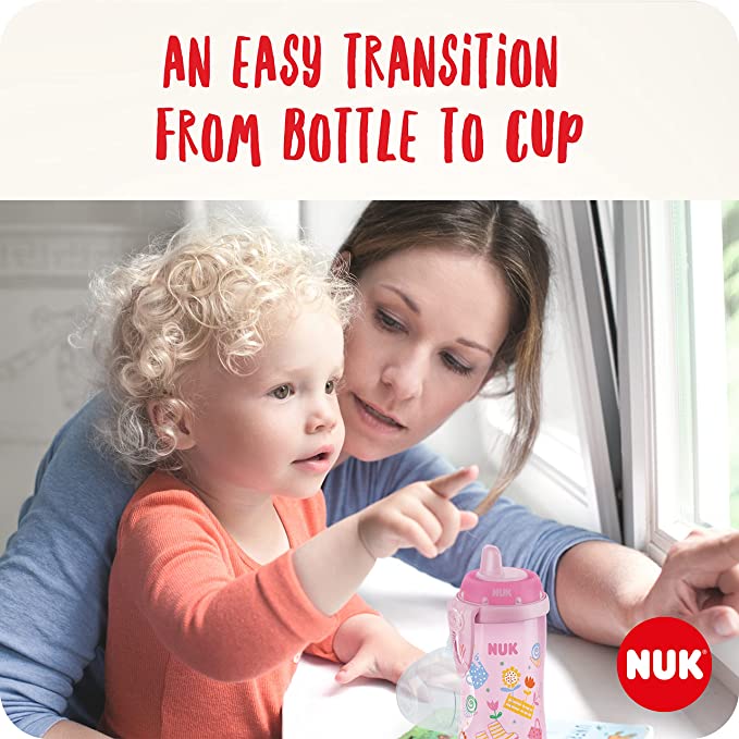 NUK First Choice+ Kiddy Cup Toddler Cup | 12 Months+ | Leak-Proof Toughened Spout | Clip & Protective Cap | BPA-Free | 300 ml | Green Garden, Pack of 1