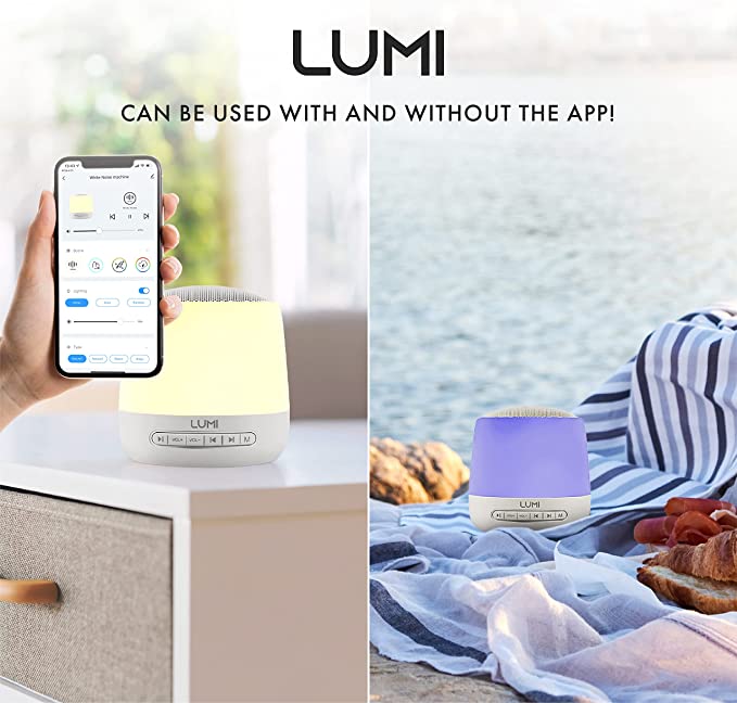 LUMI | App White Noise Machine | White Noise Machine Baby | 34 Sounds | Baby Night Light with 7 Colours | Smartphone App Controlled | Portable Sleep Sound Machine | Sleep Aid for Adults
