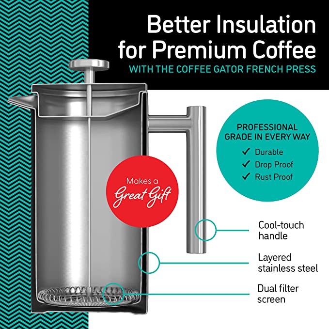 Coffee Gator Cafetiere - French Press Coffee Maker - Large Capacity, Double-Wall Insulated Stainless Steel Brewer - Hotter for Longer – Grey