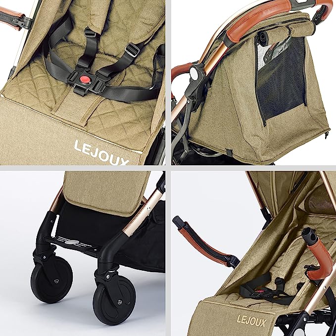 Lejoux™ Baby Pushchair Stroller– Lightweight Foldable Travel Buggy with 5-Point Harness, Adjustable Seat Back and Oversize Basket Folds with 1 Hand – Smooth Swivel Wheels Rain Cover (Beige)
